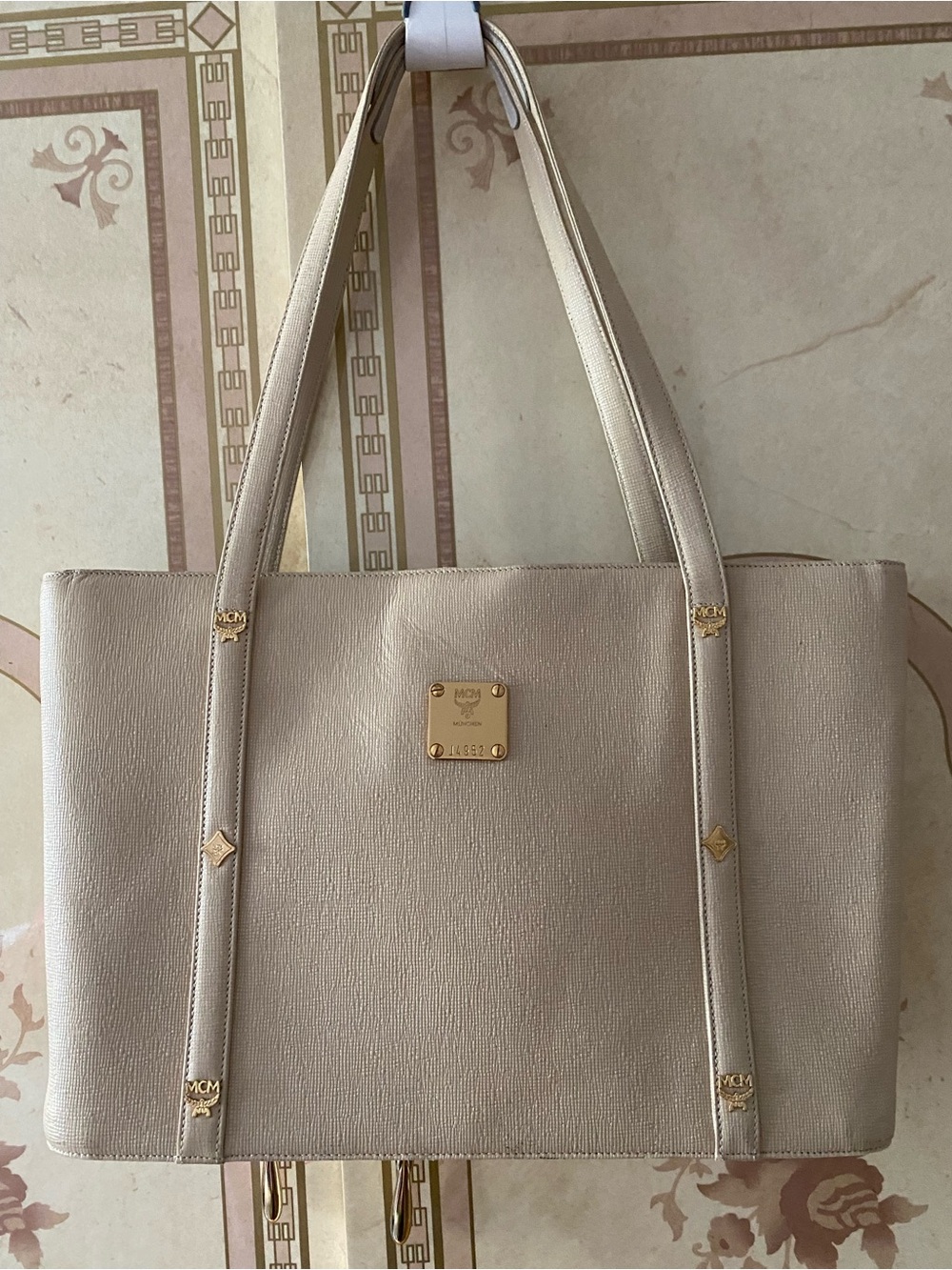 MCM Beige/Cream Leather Tote with Gold Plaque